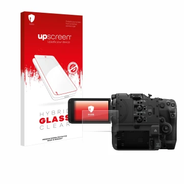 Parte frontal de un envase de producto con el logotipo de la marca upscreen. Al lado se muestra el dispositivo Canon EOS C400 