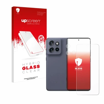 Parte frontal de un envase de producto con el logotipo de la marca upscreen. Al lado se muestra el dispositivo Motorola Edge 5