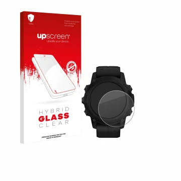 Parte frontal de un envase de producto con el logotipo de la marca upscreen. Al lado se muestra el dispositivo Garmin Descent 