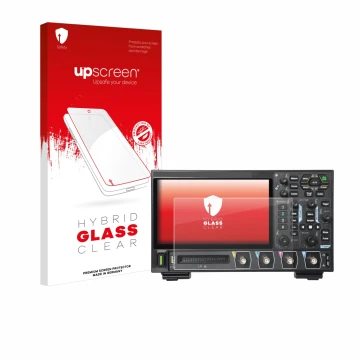 Parte frontal de un envase de producto con el logotipo de la marca upscreen. Al lado se muestra el dispositivo Rigol DHO914 co