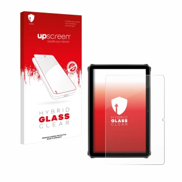 Parte frontal de un envase de producto con el logotipo de la marca upscreen. Al lado se muestra el dispositivo Oukitel RT9 con