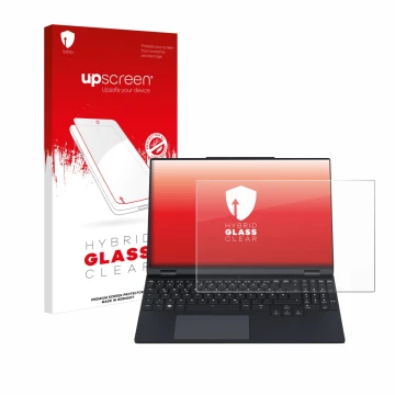Parte frontal de un envase de producto con el logotipo de la marca upscreen. Al lado se muestra el dispositivo Tuxedo Infinity