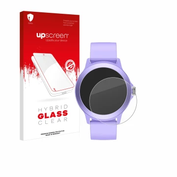 Parte frontal de un envase de producto con el logotipo de la marca upscreen. Al lado se muestra el dispositivo SPC Smartee Duo