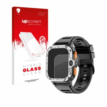 Parte frontal de un envase de producto con el logotipo de la marca upscreen. Al lado se muestra el dispositivo HS Smartwatch 2