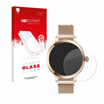 Parte frontal de un envase de producto con el logotipo de la marca upscreen. Al lado se muestra el dispositivo Bekomiya Smartw