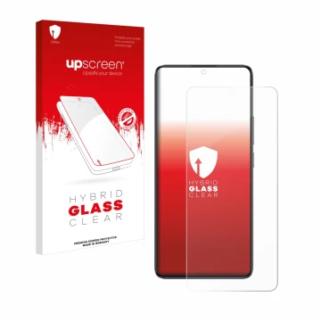 Parte frontal de un envase de producto con el logotipo de la marca upscreen. Al lado se muestra el dispositivo Xiaomi Poco F7 