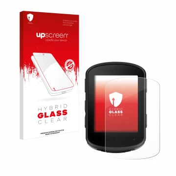 Parte frontal de un envase de producto con el logotipo de la marca upscreen. Al lado se muestra el dispositivo Garmin Edge 840