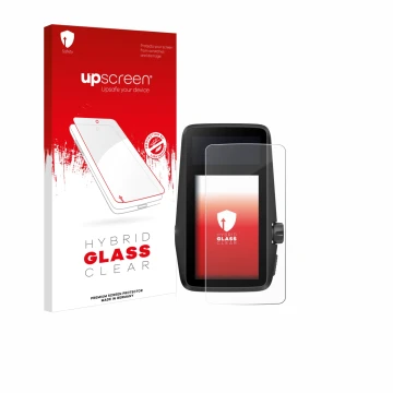 Parte frontal de un envase de producto con el logotipo de la marca upscreen. Al lado se muestra el dispositivo Coros Dura con 