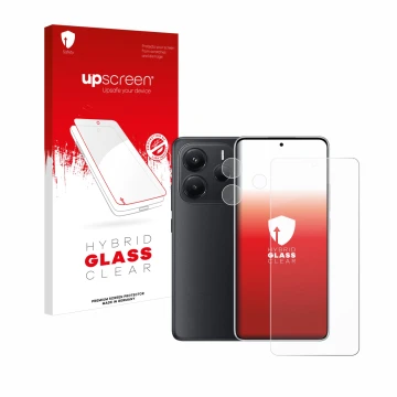 Parte frontal de un envase de producto con el logotipo de la marca upscreen. Al lado se muestra el dispositivo Xiaomi Redmi No