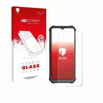 Parte frontal de un envase de producto con el logotipo de la marca upscreen. Al lado se muestra el dispositivo Sonim XP400 con