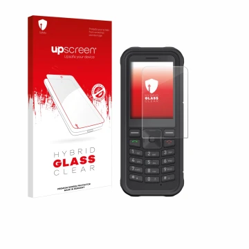 Parte frontal de un envase de producto con el logotipo de la marca upscreen. Al lado se muestra el dispositivo Sonim XP100 con