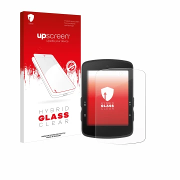 Parte frontal de un envase de producto con el logotipo de la marca upscreen. Al lado se muestra el dispositivo Bryton Rider S5