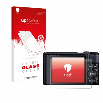 Parte frontal de un envase de producto con el logotipo de la marca upscreen. Al lado se muestra el dispositivo Canon PowerShot