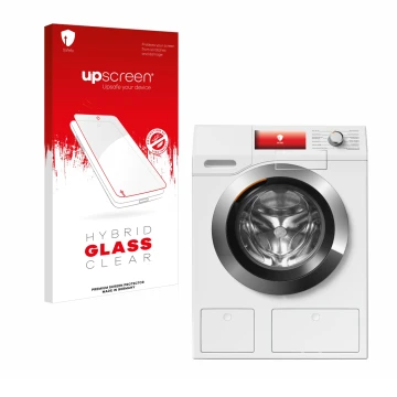 Parte frontal de un envase de producto con el logotipo de la marca upscreen. Al lado se muestra el dispositivo Miele WEH875 co
