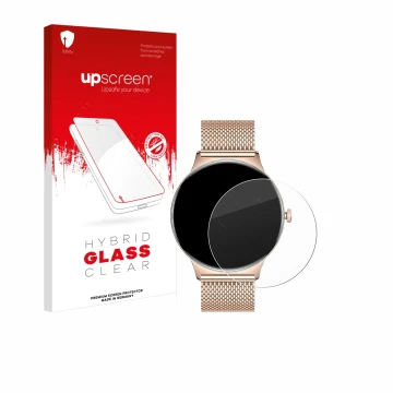 Parte frontal de un envase de producto con el logotipo de la marca upscreen. Al lado se muestra el dispositivo LIGE FV12 1.43