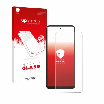 Parte frontal de un envase de producto con el logotipo de la marca upscreen. Al lado se muestra el dispositivo Nubia Music Pop