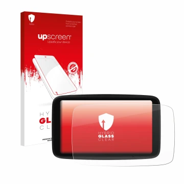 Parte frontal de un envase de producto con el logotipo de la marca upscreen. Al lado se muestra el dispositivo TomTom GO Advan