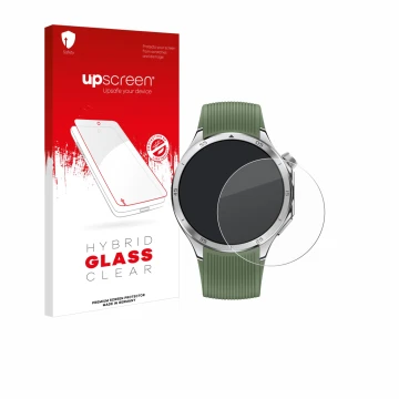 Parte frontal de un envase de producto con el logotipo de la marca upscreen. Al lado se muestra el dispositivo OnePlus Watch 3