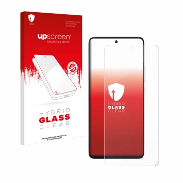 Parte frontal de un envase de producto con el logotipo de la marca upscreen. Al lado se muestra el dispositivo Xiaomi Poco M7 