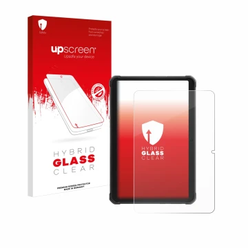 Parte frontal de un envase de producto con el logotipo de la marca upscreen. Al lado se muestra el dispositivo Hotwav R8 con s