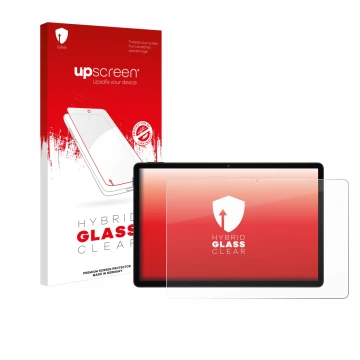 Parte frontal de un envase de producto con el logotipo de la marca upscreen. Al lado se muestra el dispositivo Doogee U11 con 