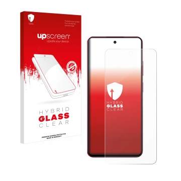 Parte frontal de un envase de producto con el logotipo de la marca upscreen. Al lado se muestra el dispositivo realme 14x con 