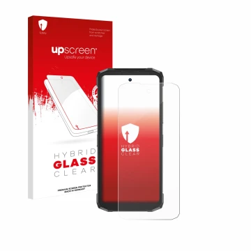Parte frontal de un envase de producto con el logotipo de la marca upscreen. Al lado se muestra el dispositivo Doogee Fire 6 P