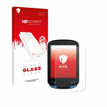 Parte frontal de un envase de producto con el logotipo de la marca upscreen. Al lado se muestra el dispositivo Geoid CC600 2.4