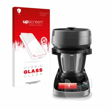 Parte frontal de un envase de producto con el logotipo de la marca upscreen. Al lado se muestra el dispositivo Cecotec Mambo V