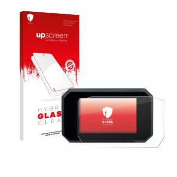 Parte frontal de un envase de producto con el logotipo de la marca upscreen. Al lado se muestra el dispositivo Suzuki GSX-S100