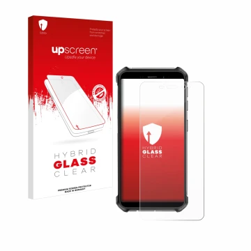 Parte frontal de un envase de producto con el logotipo de la marca upscreen. Al lado se muestra el dispositivo Ulefone Armor X