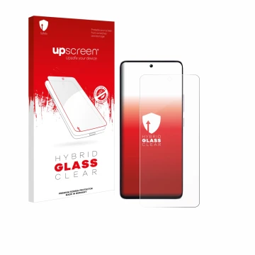 Parte frontal de un envase de producto con el logotipo de la marca upscreen. Al lado se muestra el dispositivo Xiaomi Poco M7 