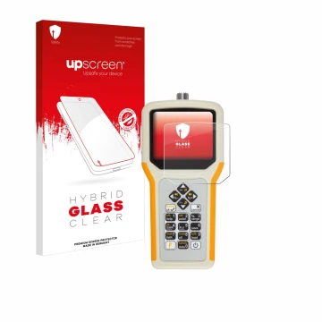 Parte frontal de un envase de producto con el logotipo de la marca upscreen. Al lado se muestra el dispositivo RigExpert AA-55