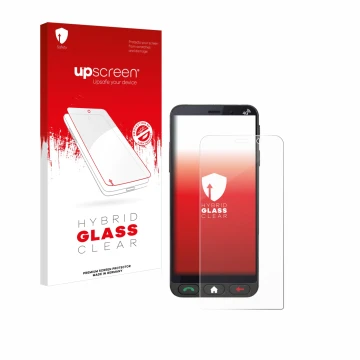 Parte frontal de un envase de producto con el logotipo de la marca upscreen. Al lado se muestra el dispositivo Brondi Amico Ve