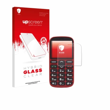 Parte frontal de un envase de producto con el logotipo de la marca upscreen. Al lado se muestra el dispositivo Doro 1360 con s