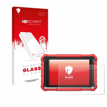 Parte frontal de un envase de producto con el logotipo de la marca upscreen. Al lado se muestra el dispositivo Launch X-431 PR