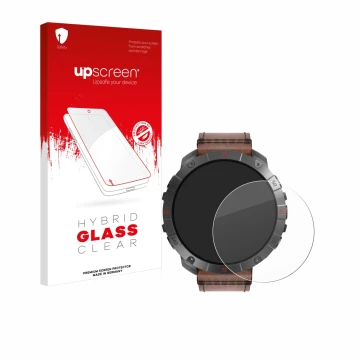 Parte frontal de un envase de producto con el logotipo de la marca upscreen. Al lado se muestra el dispositivo Polar Grit X2 P