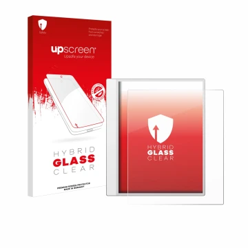 Parte frontal de un envase de producto con el logotipo de la marca upscreen. Al lado se muestra el dispositivo Boox Note Max c