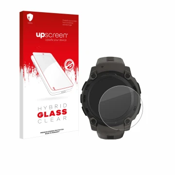 Parte frontal de un envase de producto con el logotipo de la marca upscreen. Al lado se muestra el dispositivo Garmin Instinct