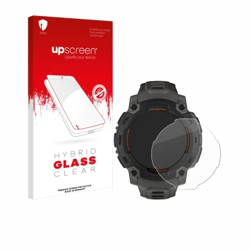 Parte frontal de un envase de producto con el logotipo de la marca upscreen. Al lado se muestra el dispositivo Garmin Instinct