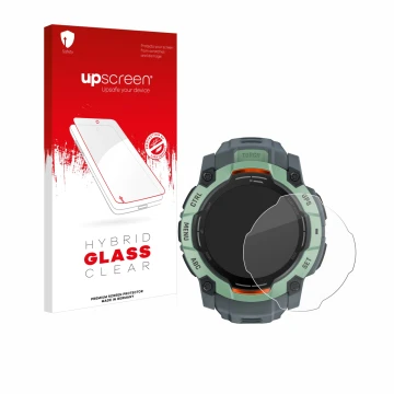 Parte frontal de un envase de producto con el logotipo de la marca upscreen. Al lado se muestra el dispositivo Garmin Instinct