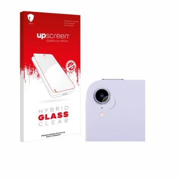 Parte frontal de un envase de producto con el logotipo de la marca upscreen. Al lado se muestra el dispositivo Apple iPad Mini