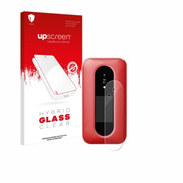 Parte frontal de un envase de producto con el logotipo de la marca upscreen. Al lado se muestra el dispositivo Doro Leva L30 (