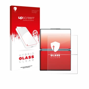 Parte frontal de un envase de producto con el logotipo de la marca upscreen. Al lado se muestra el dispositivo Lenovo Yoga Boo