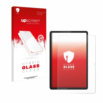 Parte frontal de un envase de producto con el logotipo de la marca upscreen. Al lado se muestra el dispositivo Lenovo Tab 2025