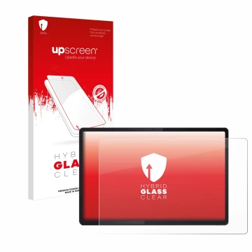 Parte frontal de un envase de producto con el logotipo de la marca upscreen. Al lado se muestra el dispositivo Lenovo Idea Tab