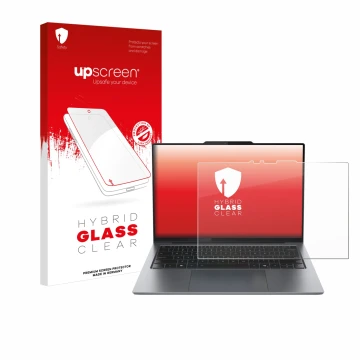 Parte frontal de un envase de producto con el logotipo de la marca upscreen. Al lado se muestra el dispositivo Lenovo ThinkPad