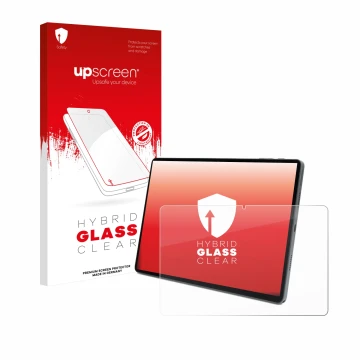 Parte frontal de un envase de producto con el logotipo de la marca upscreen. Al lado se muestra el dispositivo Terra Pad 1007 