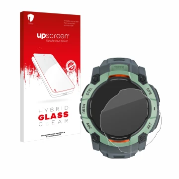 Parte frontal de un envase de producto con el logotipo de la marca upscreen. Al lado se muestra el dispositivo Garmin Instinct