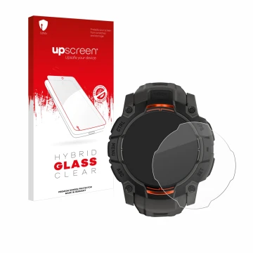 Parte frontal de un envase de producto con el logotipo de la marca upscreen. Al lado se muestra el dispositivo Garmin Instinct